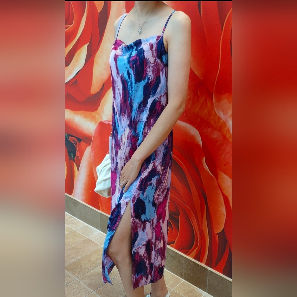 Long multi-colored slip dress with cowl neck and spaghetti straps